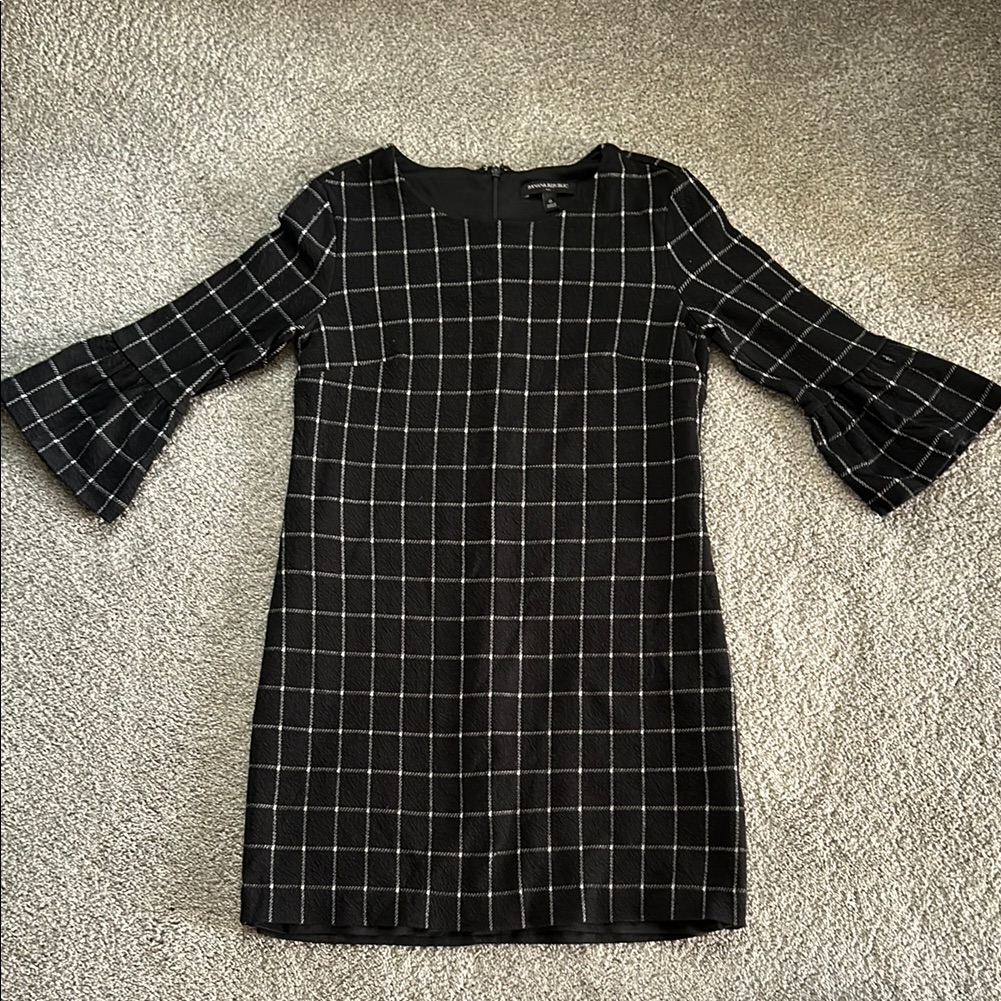 Banana Black Checkered Dress With Bell Sleeves